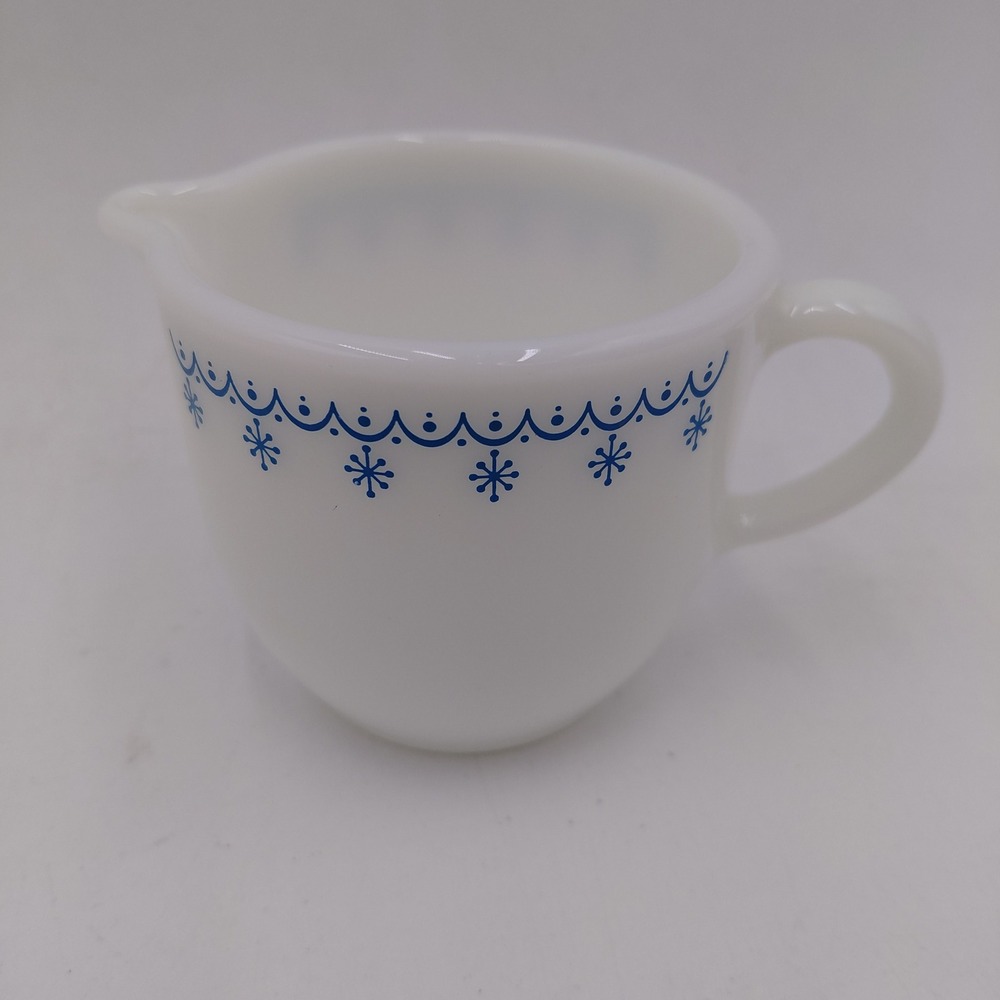 Vintage Pyrex Snowflake Blue Milk Glass Creamer Pitcher Garland Pattern White
